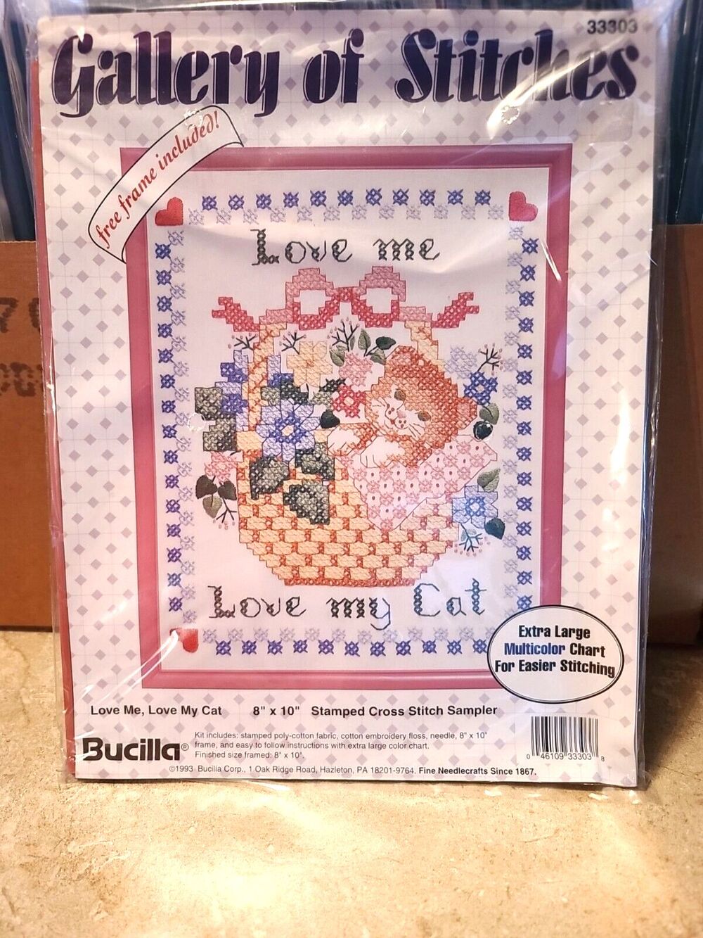 VTG Bucilla Love Cat 8" X 10" Counted Cross Stitch Sampler Kit W/floss & frame
